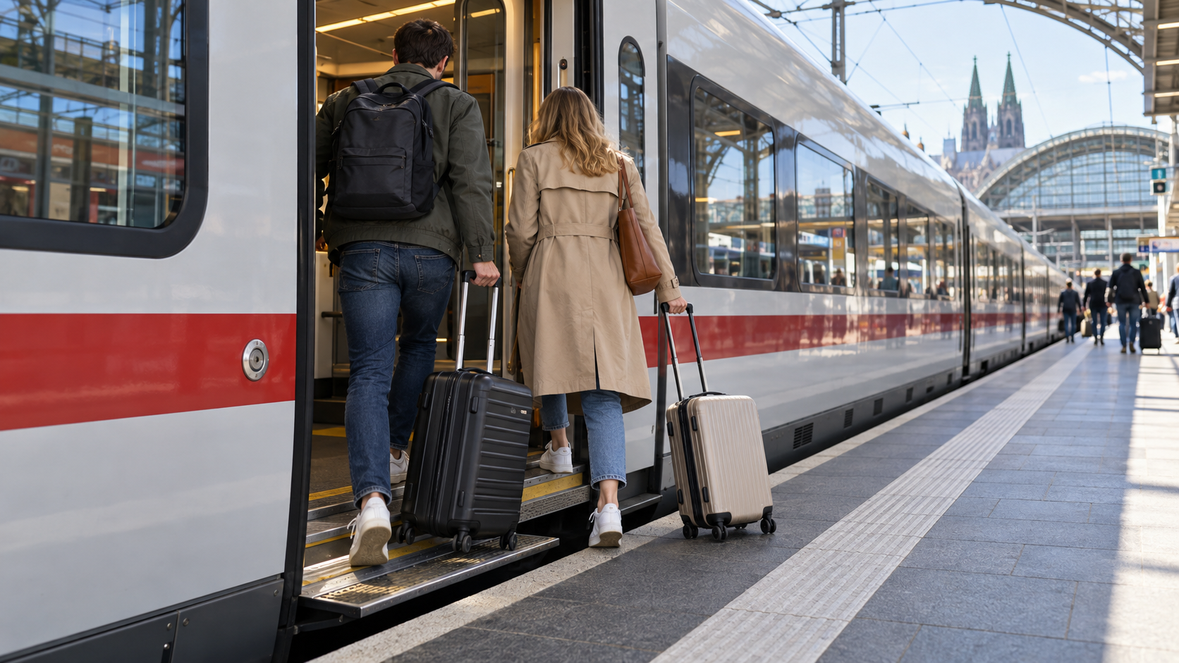 Viajantes embarcando com malas em um trem, imagem ilustrativa