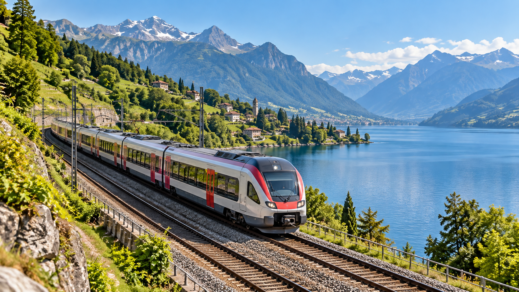 Trem em paisagem de montanhas e lago, ilustração de viagem pela Europa