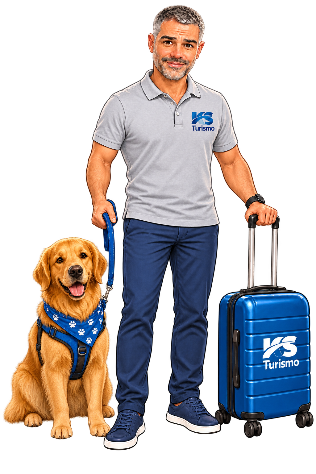 Mascote Kaká da KS Turismo com seu golden retriever de lenço azul e a mala personalizada da KS