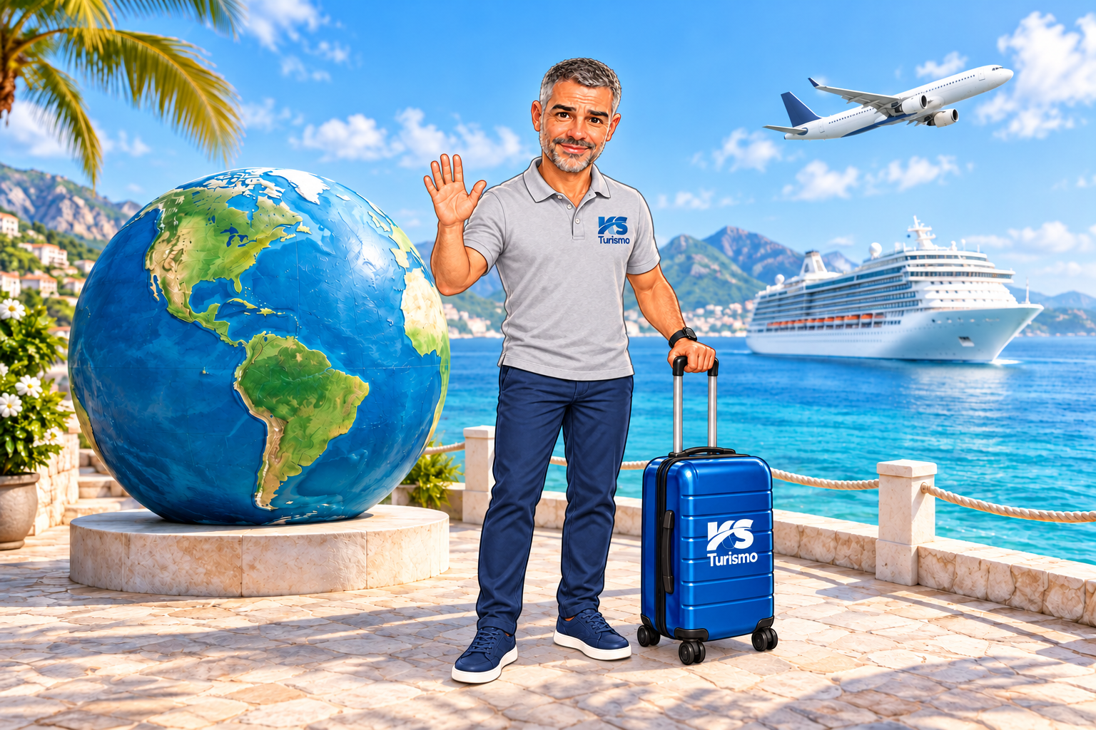 Mascote da KS Turismo com globo terrestre, navio e avião à beira-mar