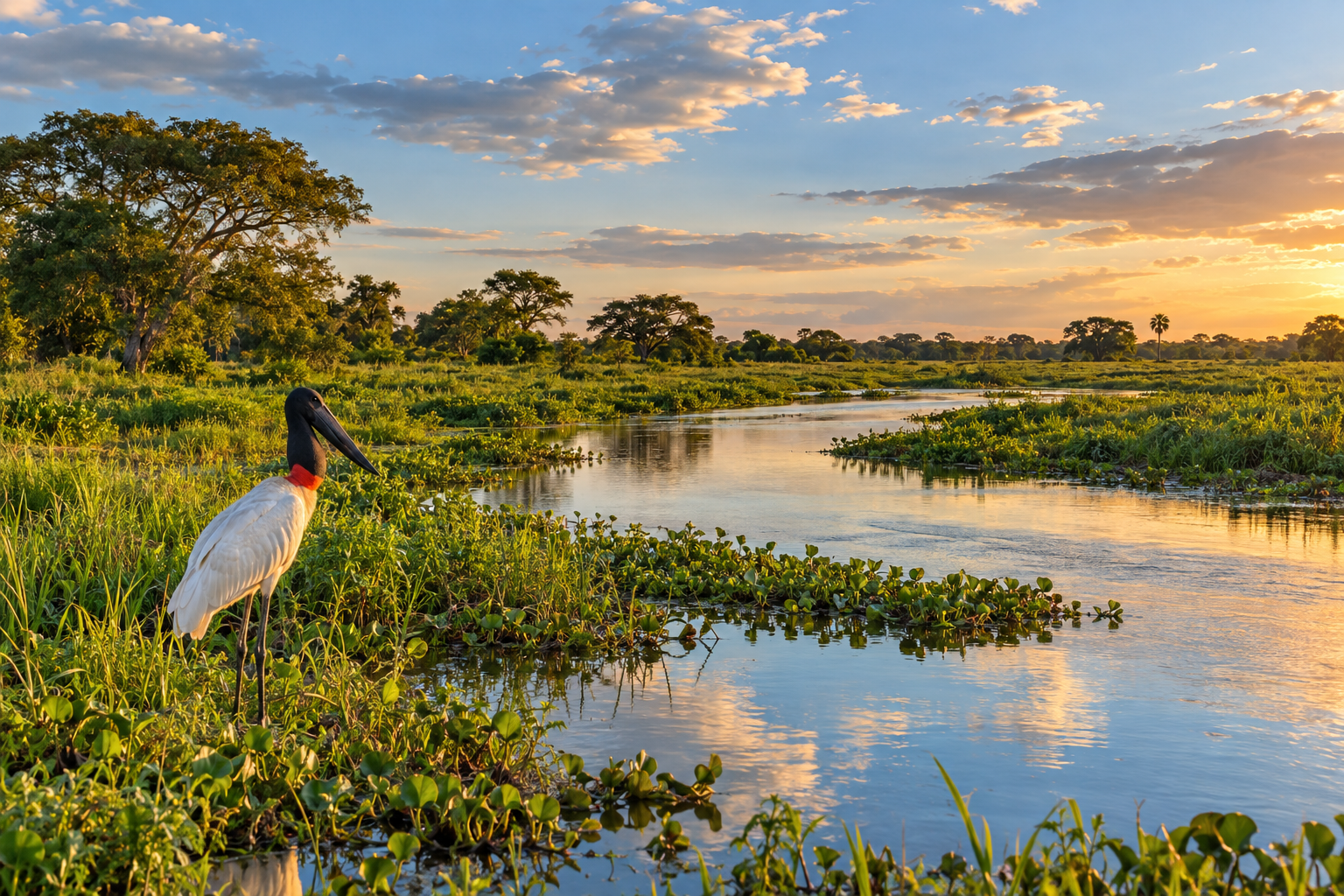 Paisagem ilustrativa do Pantanal com rio, vegetação e tuiuiú ao pôr do sol
